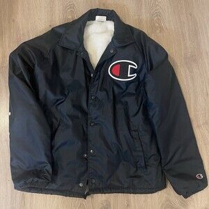 Mens Black Champion Coaches Sherpa Lined Jacket Size Medium.